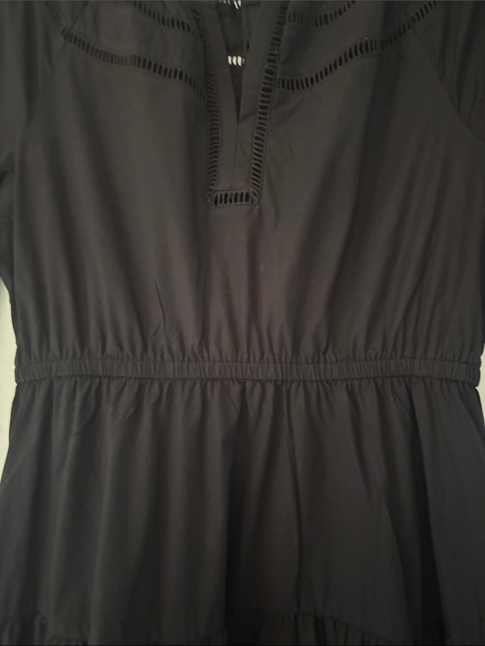Ann Taylor Black Tiered Midi Dress with Puff Sleeves and Eyelet Detail - Picture 7 of 9